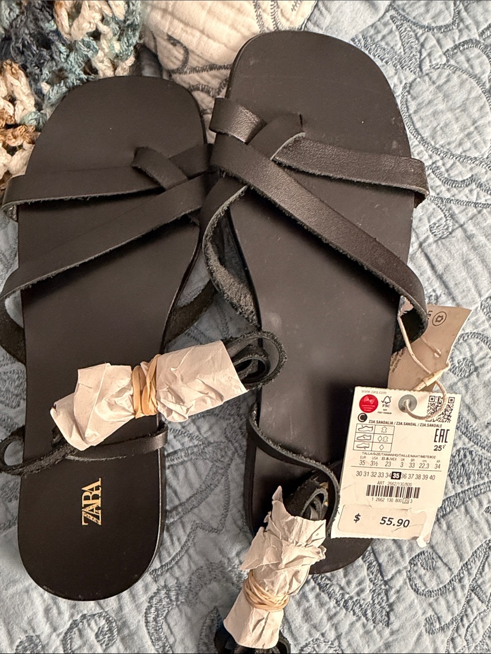 NWT ZARA Black Strappy Leather Tie-Up Sandals